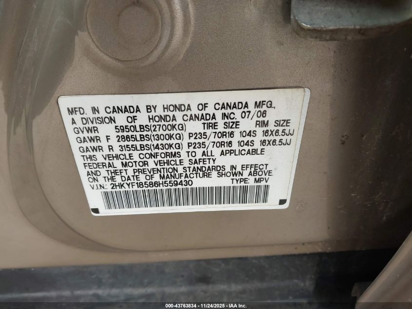 2006 Honda Pilot Ex-L VIN: 2HKYF18586H559430 Lot: 43763834