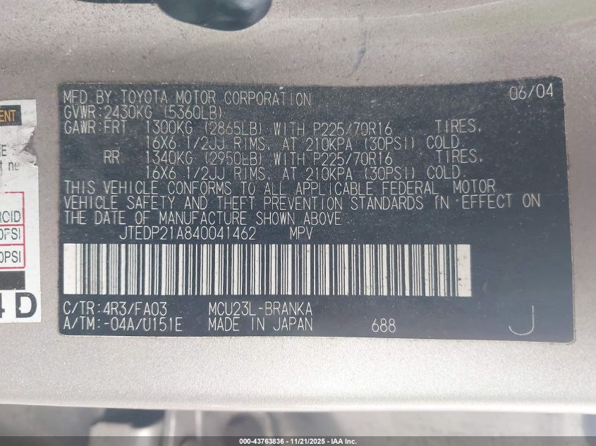 2004 Toyota Highlander V6 VIN: JTEDP21A840041462 Lot: 43763836