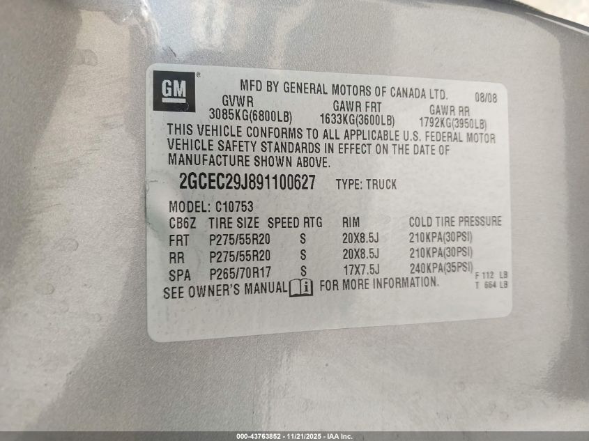 2009 Chevrolet Silverado 1500 Lt VIN: 2GCEC29J891100627 Lot: 43763852