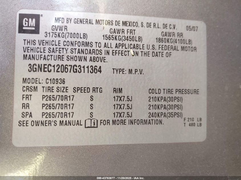2007 Chevrolet Avalanche 1500 Ls VIN: 3GNEC12067G311364 Lot: 43763877