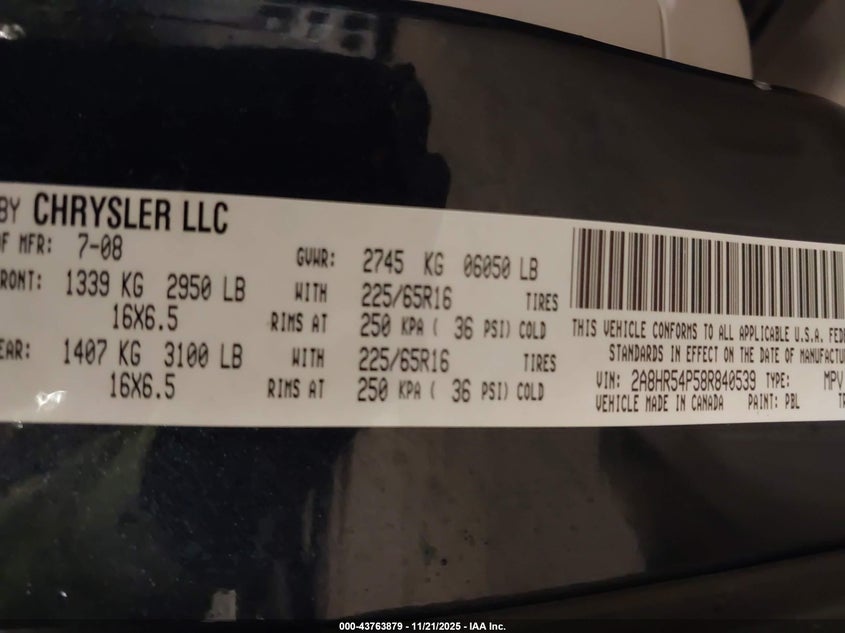 2008 Chrysler Town & Country Touring VIN: 2A8HR54P58R840539 Lot: 43763879