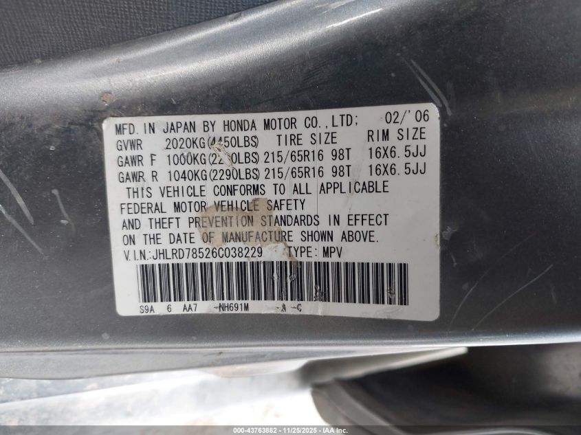 2006 Honda Cr-V Lx VIN: JHLRD78526C038229 Lot: 43763882