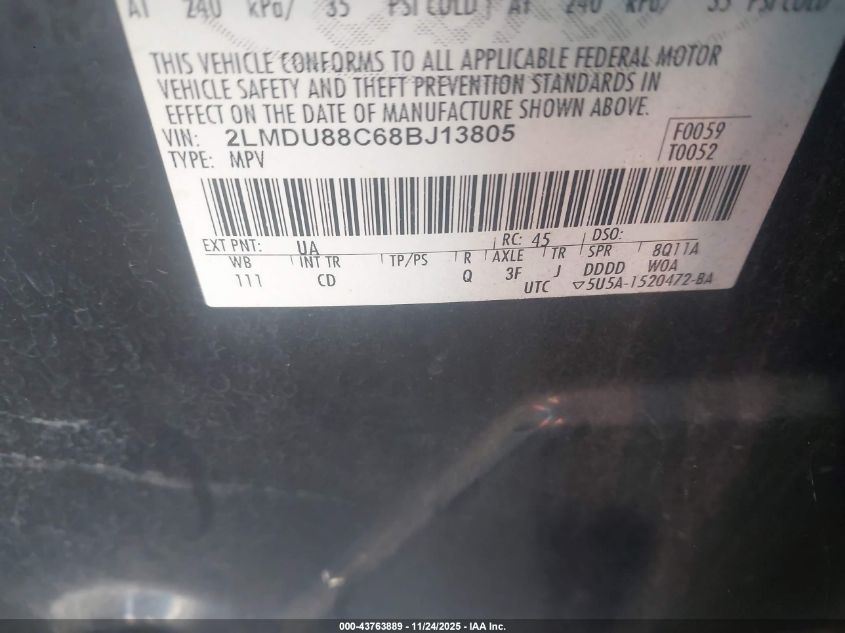 2008 Lincoln Mkx VIN: 2LMDU88C68BJ13805 Lot: 43763889