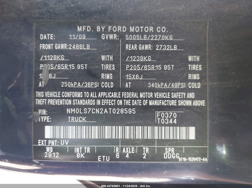 2010 Ford Transit Connect Xl VIN: NM0LS7CN2AT028595 Lot: 43763901