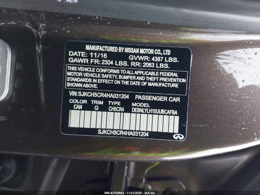 2017 Infiniti Qx30 Premium VIN: SJKCH5CR4HA031204 Lot: 43763903