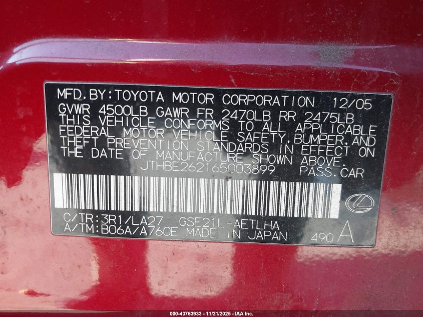 2006 Lexus Is 350 VIN: JTHBE262165003899 Lot: 43763933