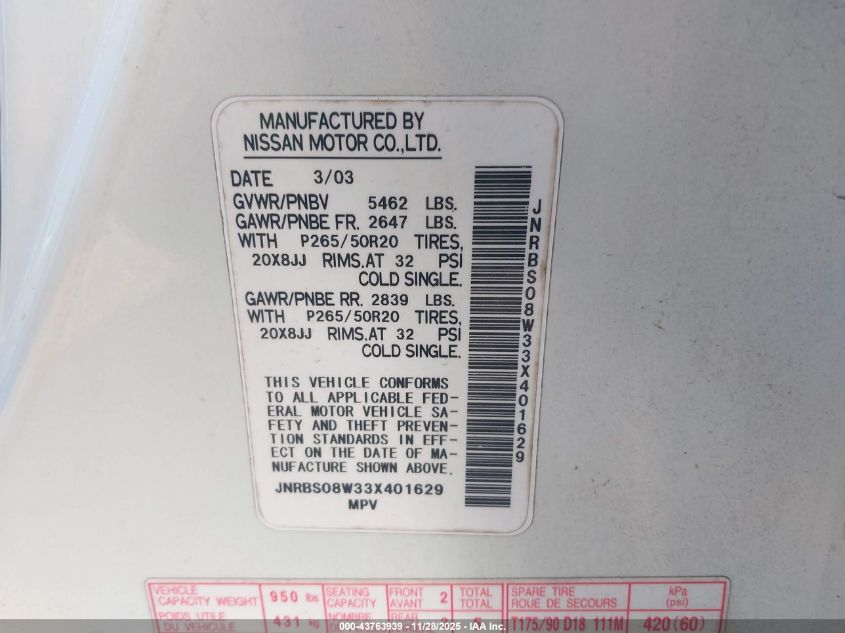 2003 Infiniti Fx45 VIN: JNRBS08W33X401629 Lot: 43763939