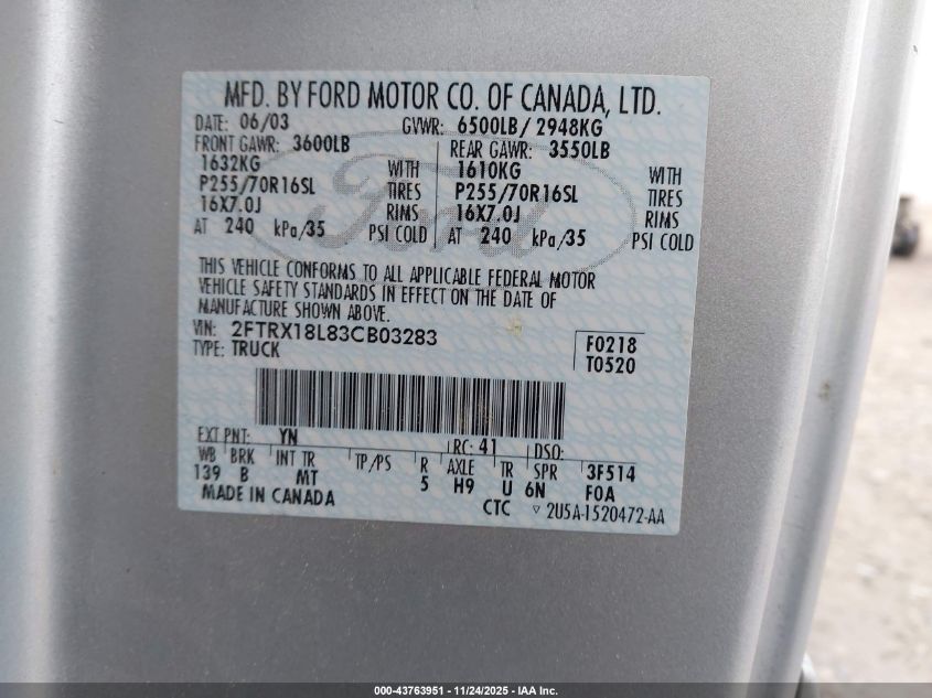 2003 Ford F-150 Lariat/Xl/Xlt VIN: 2FTRX18L83CB03283 Lot: 43763951