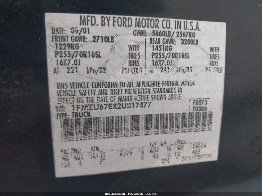 2002 Ford Explorer Sport Trac VIN: 1FMZU67EX2UB17477 Lot: 43763958