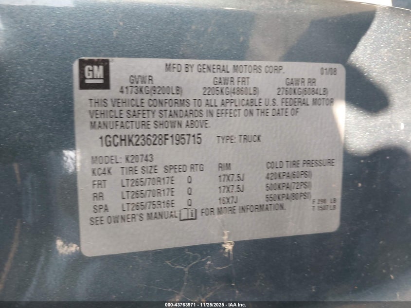 2008 Chevrolet Silverado 2500Hd Ltz VIN: 1GCHK23628F195715 Lot: 43763971