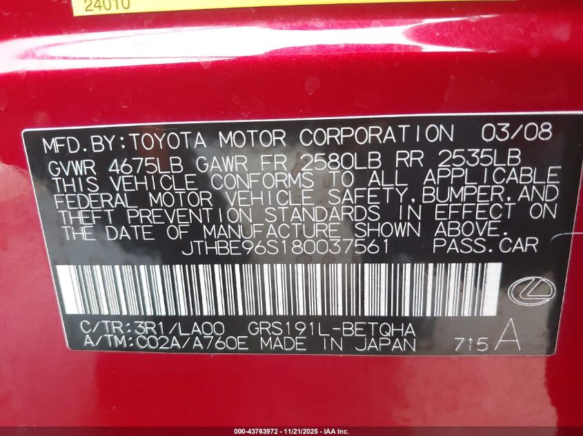 2008 Lexus Gs 350 VIN: JTHBE96S180037561 Lot: 43763972