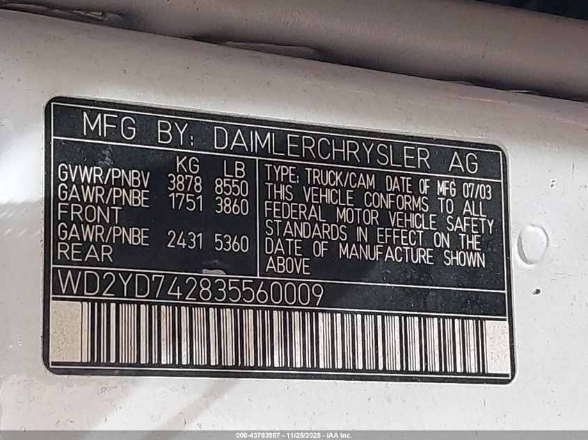 2003 Dodge Sprinter Van 2500 Super High Ceiling VIN: WD2YD742835560009 Lot: 43763987