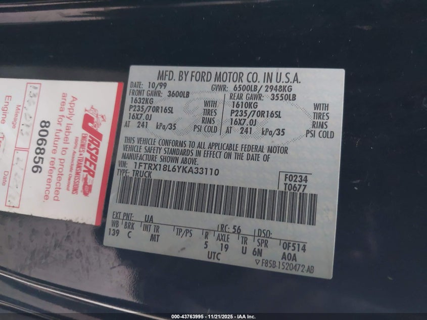 2000 Ford F-150 Lariat/Work Series/Xl/Xlt VIN: 1FTRX18L6YKA33110 Lot: 43763995