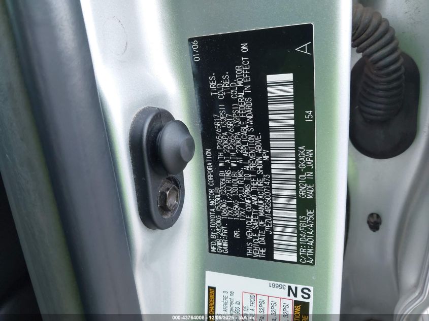 2006 Toyota 4Runner Sr5 Sport V6 VIN: JTEZU14R260071473 Lot: 43764008