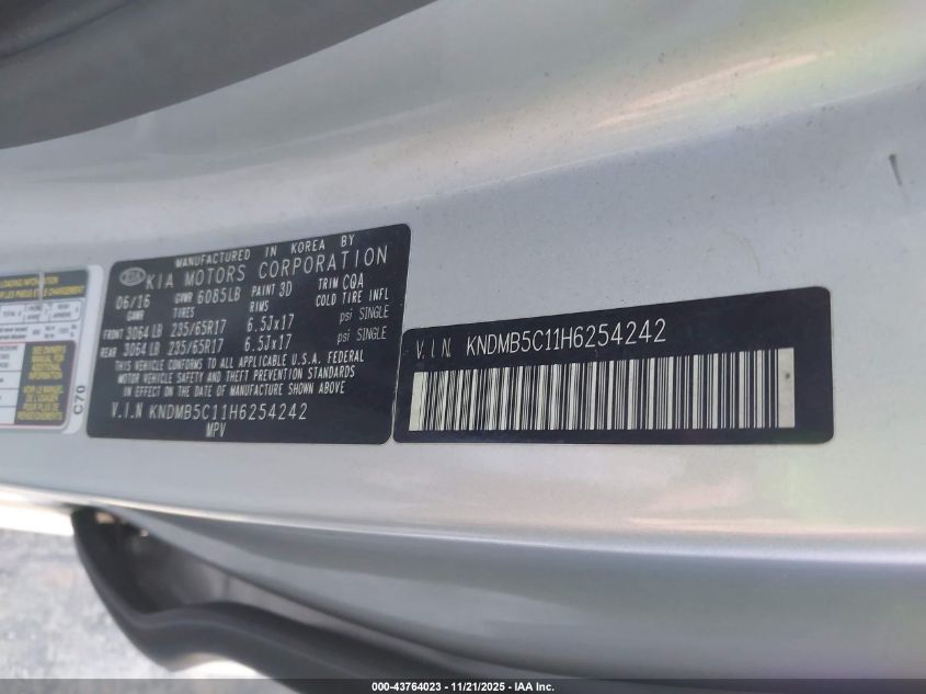 2017 Kia Sedona Lx VIN: KNDMB5C11H6254242 Lot: 43764023