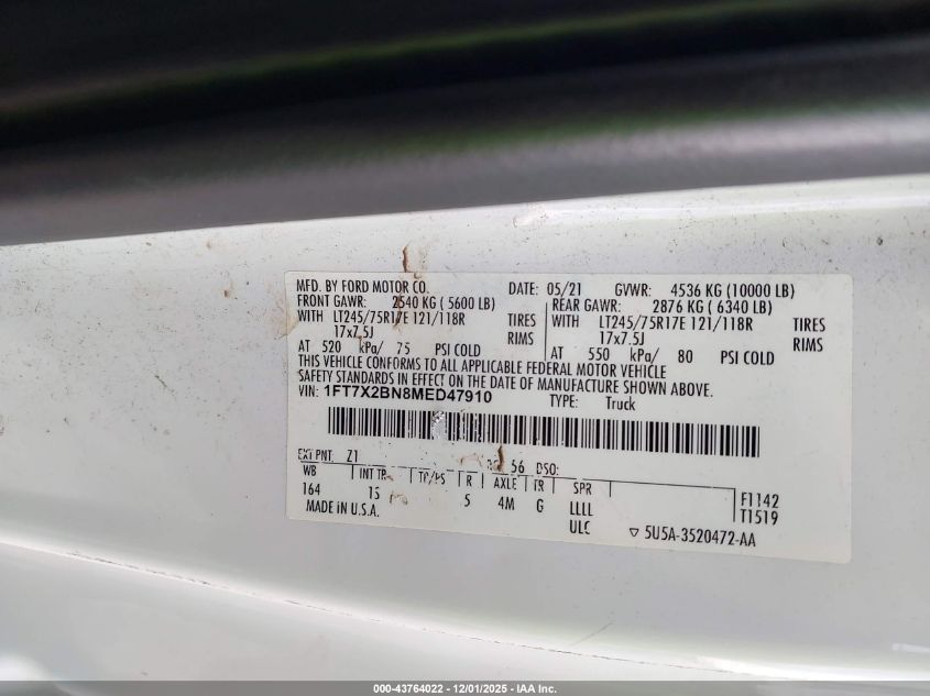 2021 Ford F-250 Xl VIN: 1FT7X2BN8MED47910 Lot: 43764022