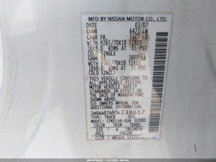 2007 Nissan Titan Le VIN: 1N6AA07A97N238617 Lot: 43764028