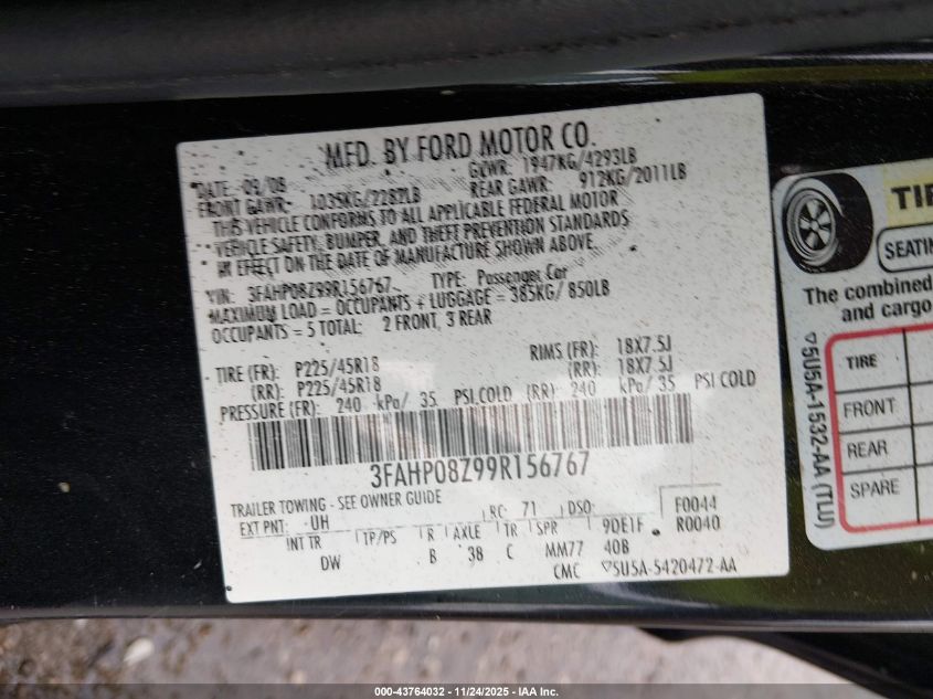 2009 Ford Fusion Sel VIN: 3FAHP08Z99R156767 Lot: 43764032