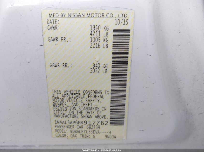 2015 Nissan Altima 2.5 S VIN: 1N4AL3AP6FN917762 Lot: 43764040