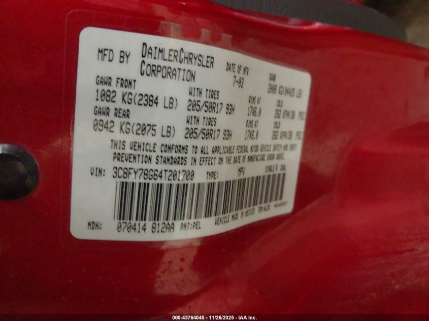 2004 Chrysler Pt Cruiser Gt VIN: 3C8FY78G64T201700 Lot: 43764045