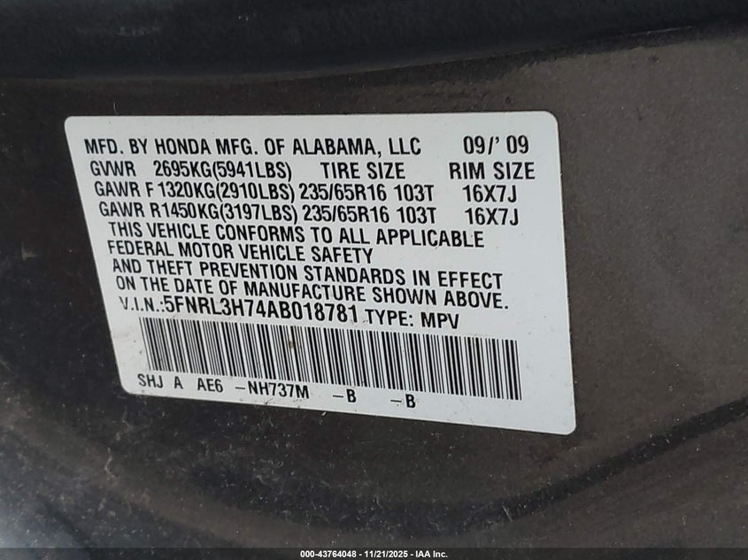 2010 Honda Odyssey Ex-L VIN: 5FNRL3H74AB018781 Lot: 43764048