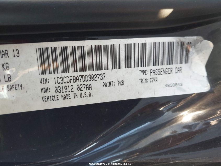 2013 Dodge Dart Sxt VIN: 1C3CDFBA7DD302737 Lot: 43764074