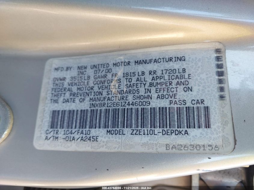 2001 Toyota Corolla Le VIN: 1NXBR12E61Z446009 Lot: 43764086