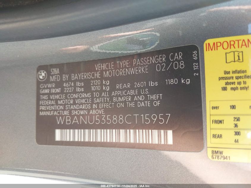 2008 BMW 528I VIN: WBANU53588CT15957 Lot: 43764114