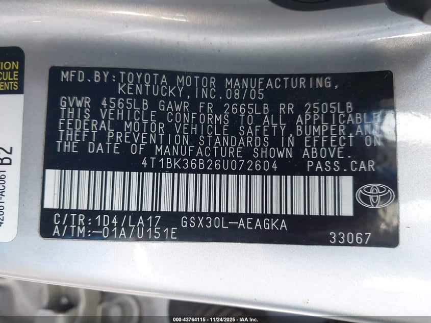 2006 Toyota Avalon Xls VIN: 4T1BK36B26U072604 Lot: 43764115