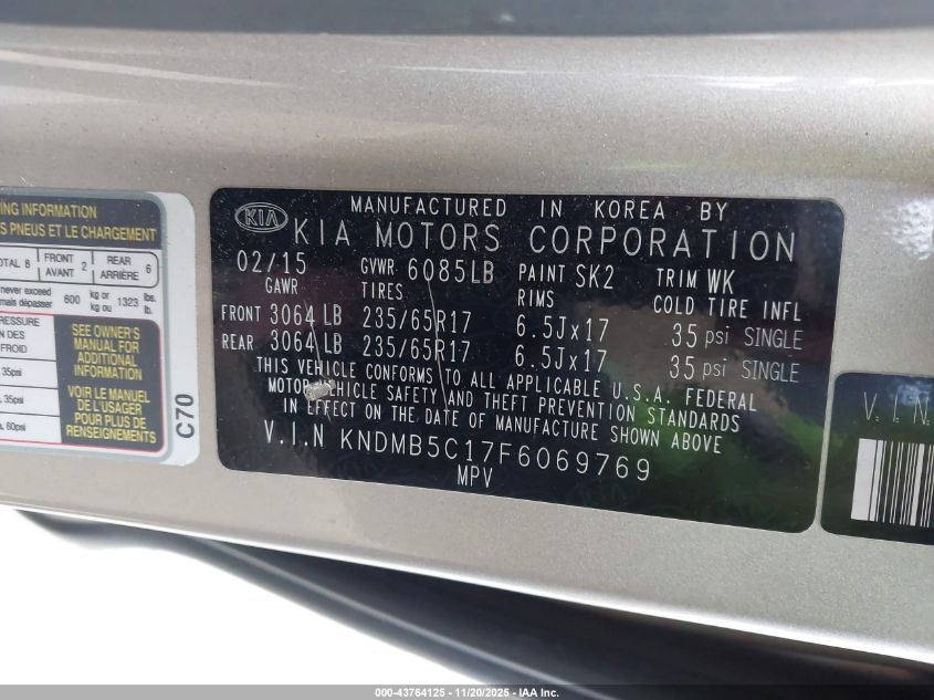 2015 Kia Sedona Lx VIN: KNDMB5C17F6069769 Lot: 43764125