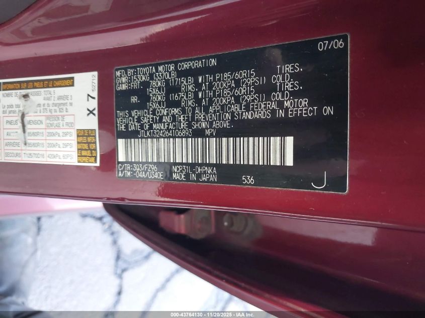 2006 Scion Xb VIN: JTLKT324264106893 Lot: 43764130