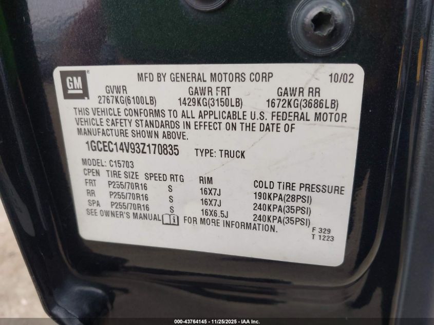 2003 Chevrolet Silverado 1500 Ls VIN: 1GCEC14V93Z170835 Lot: 43764145