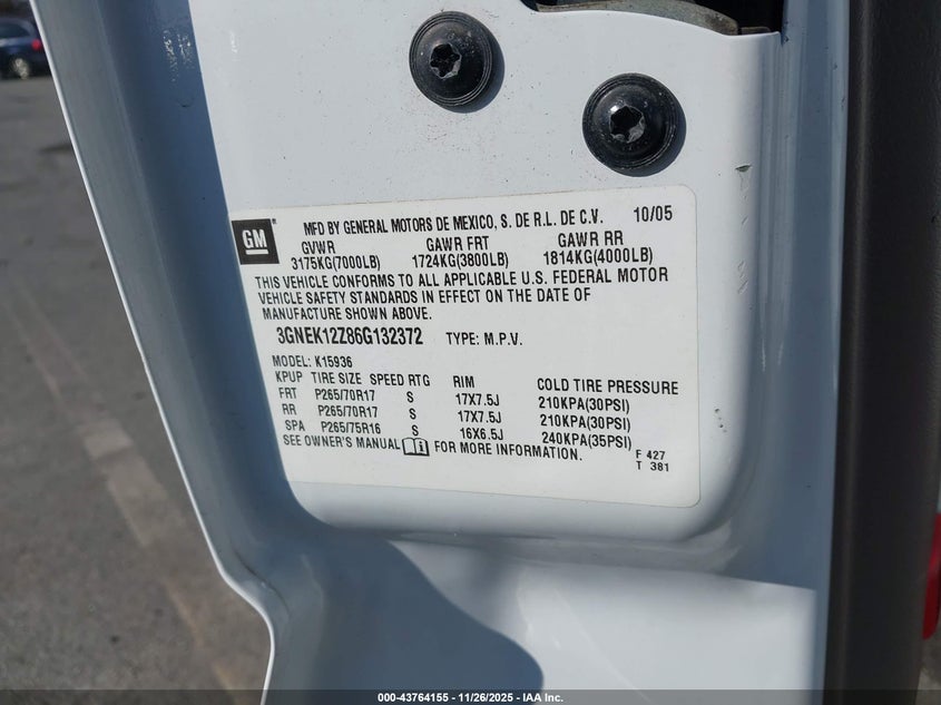 2006 Chevrolet Avalanche 1500 Z71 VIN: 3GNEK12Z86G132372 Lot: 43764155