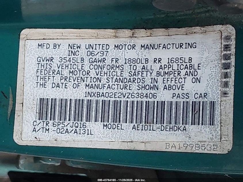 1997 Toyota Corolla Std VIN: 1NXBA02E2VZ638406 Lot: 43764165