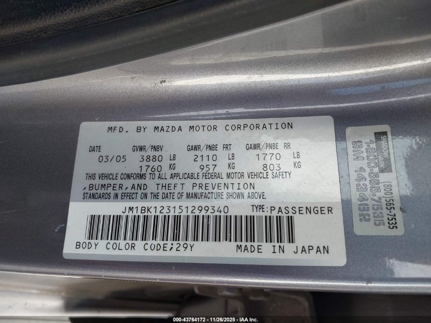 2005 Mazda Mazda3 S VIN: JM1BK123151299340 Lot: 43764172