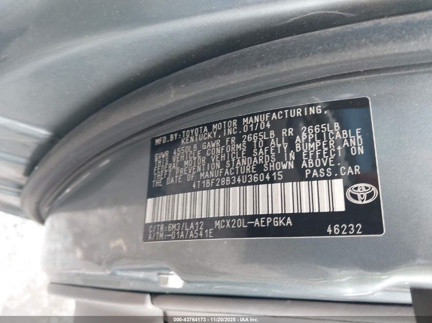 2004 Toyota Avalon Xls VIN: 4T1BF28B34U360415 Lot: 43764173