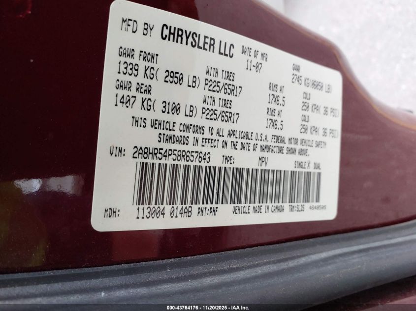 2008 Chrysler Town & Country Touring VIN: 2A8HR54P58R657643 Lot: 43764176