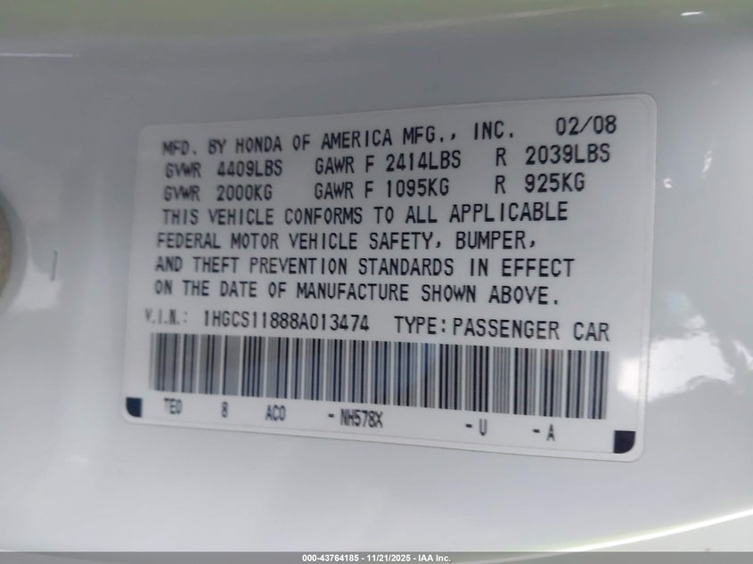 1HGCS11888A013474 2008 HONDA ACCORD photo no. 9