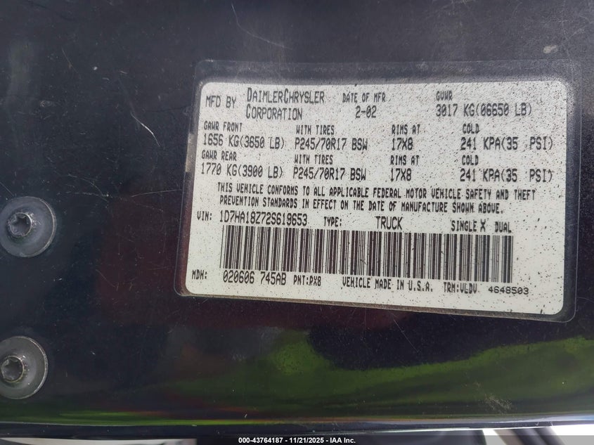 2002 Dodge Ram 1500 St VIN: 1D7HA18Z72S619653 Lot: 43764187