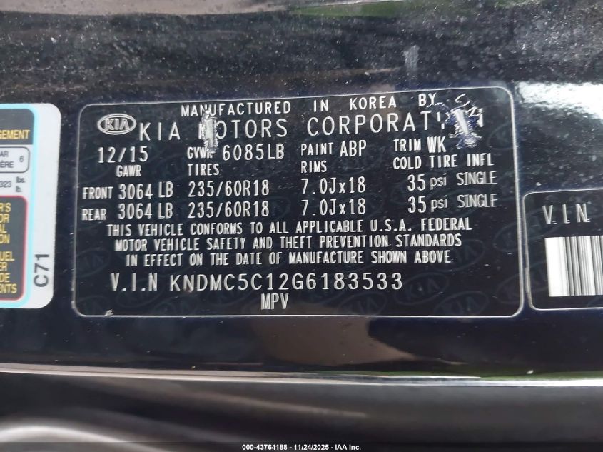 2016 Kia Sedona Ex VIN: KNDMC5C12G6183533 Lot: 43764188