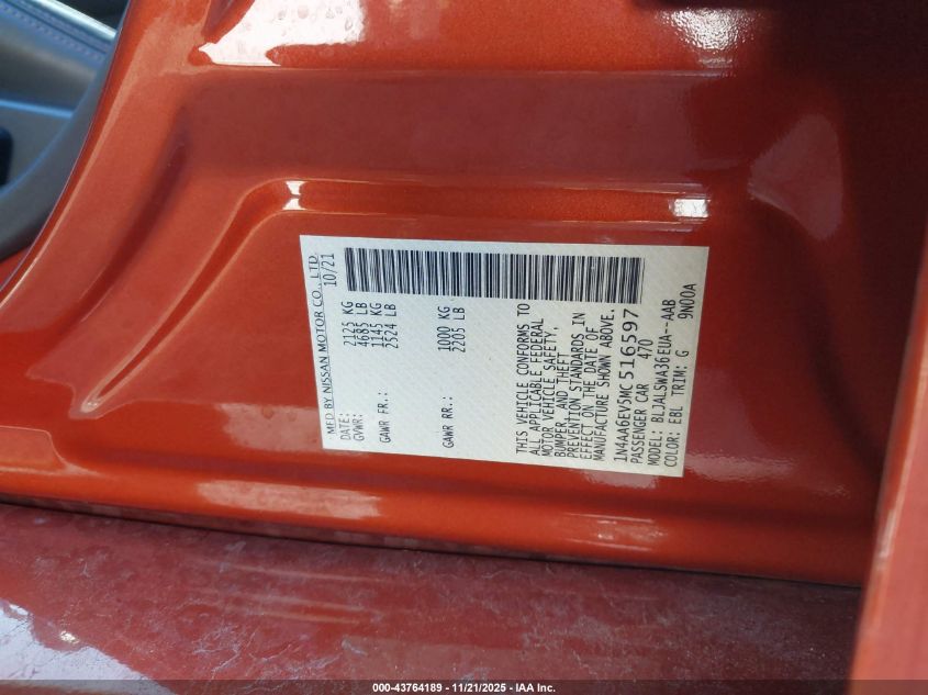 2021 Nissan Maxima Sr Xtronic Cvt VIN: 1N4AA6EV5MC516597 Lot: 43764189