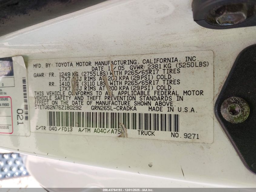 2006 Toyota Tacoma Prerunner V6 VIN: 5TETU62N76Z180292 Lot: 43764193