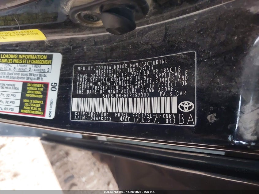 2015 Toyota Corolla Le Plus VIN: 5YFBURHE6FP192380 Lot: 43764196