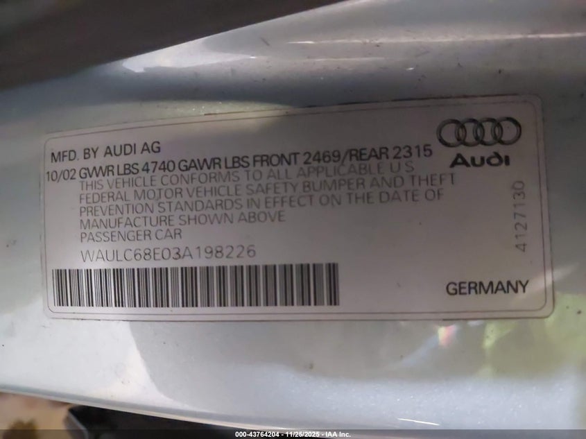 2003 Audi A4 1.8T VIN: WAULC68E03A198226 Lot: 43764204