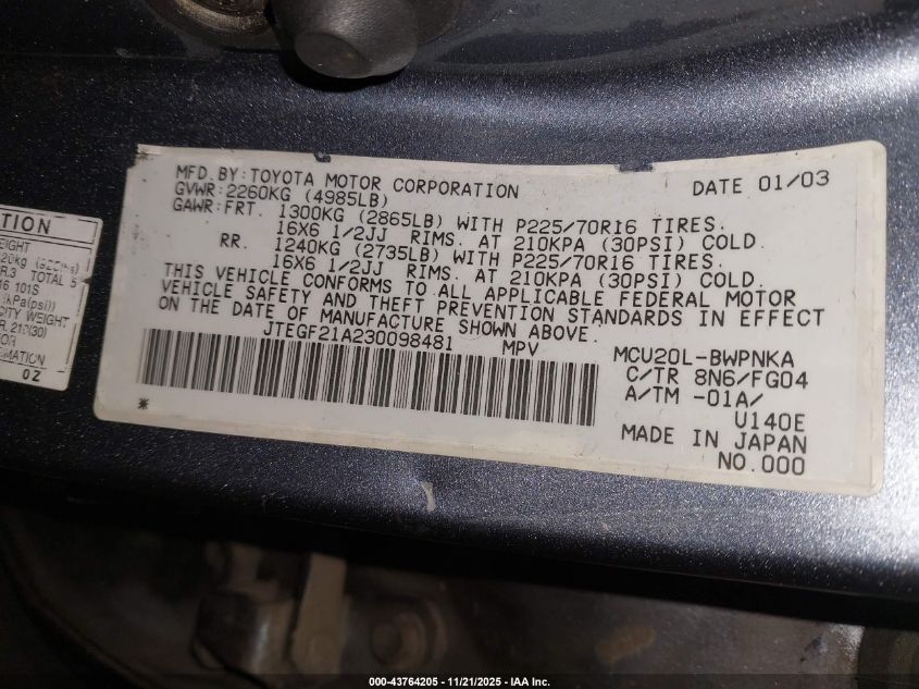 2003 Toyota Highlander V6 VIN: JTEGF21A230098481 Lot: 43764205