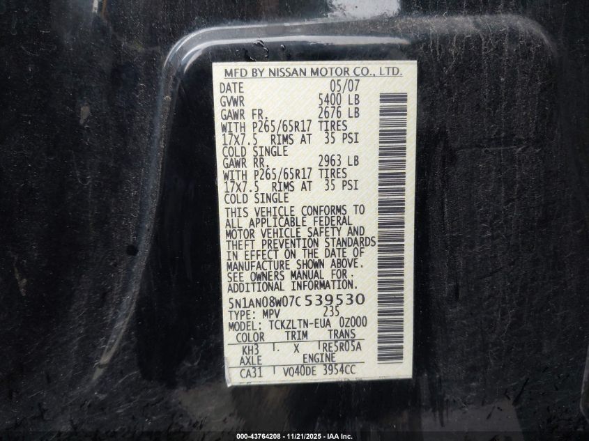 2007 Nissan Xterra Se VIN: 5N1AN08W07C539530 Lot: 43764208