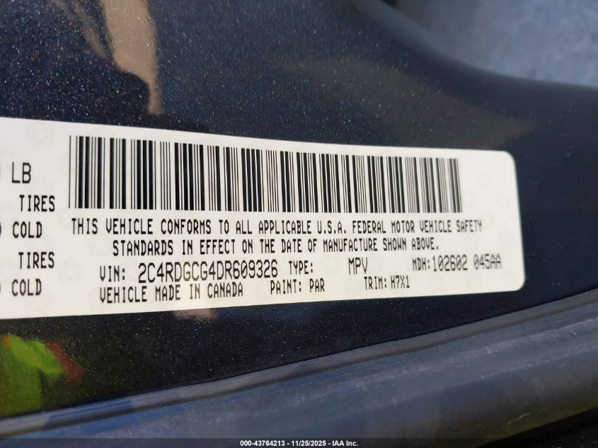 2013 Dodge Grand Caravan Sxt VIN: 2C4RDGCG4DR609326 Lot: 43764213