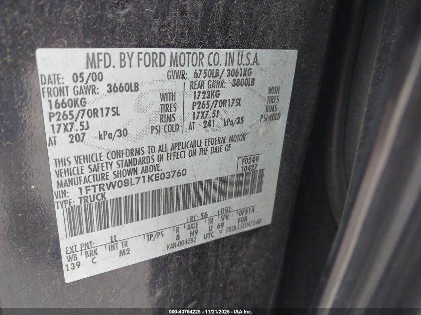 2001 Ford F-150 King Ranch Edition/Lariat/Xlt VIN: 1FTRW08L71KE03760 Lot: 43764225