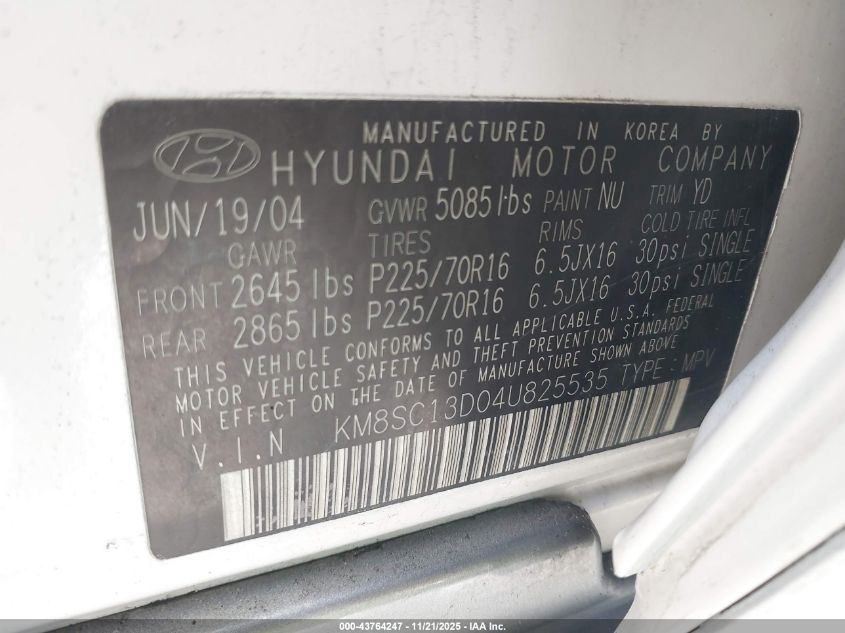 2004 Hyundai Santa Fe Gls VIN: KM8SC13D04U825535 Lot: 43764247