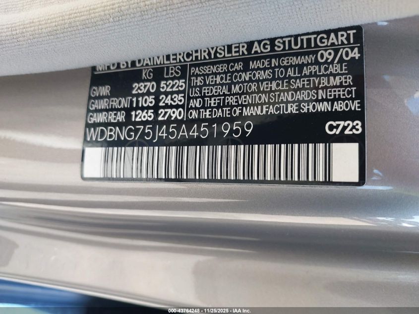 2005 Mercedes-Benz S 500 VIN: WDBNG75J45A451959 Lot: 43764248